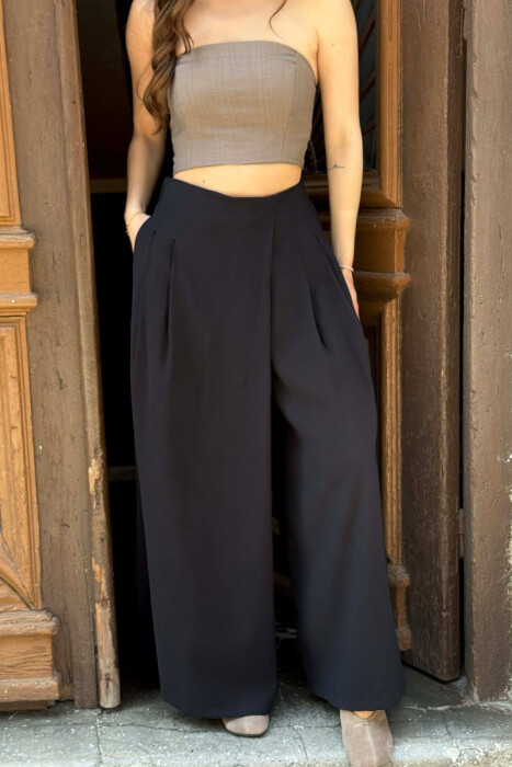WIDE LEG SEMI ELASTIC WAIST WOMAN TROUSERS BLACK/ E ZEZE - 2