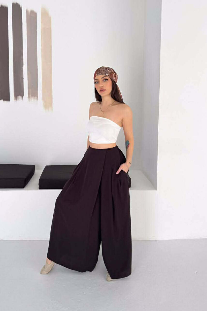 WIDE LEG SEMI ELASTIC WAIST WOMAN TROUSERS BROWN/KAFE - 2