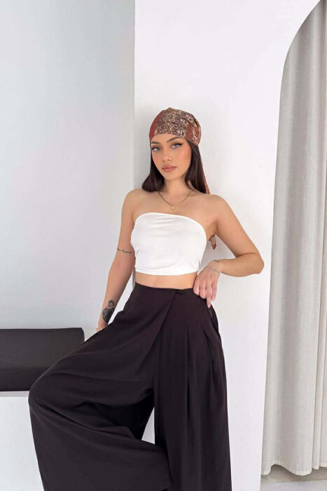 WIDE LEG SEMI ELASTIC WAIST WOMAN TROUSERS BROWN/KAFE - 3