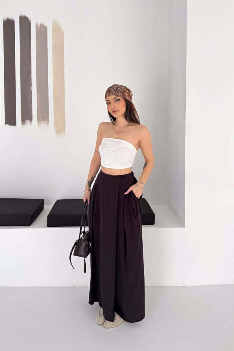 WIDE LEG SEMI ELASTIC WAIST WOMAN TROUSERS BROWN/KAFE - 6