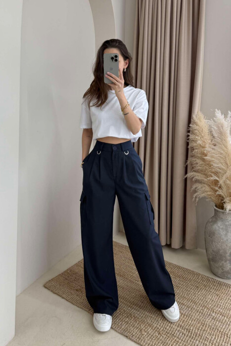 WIDE LEG SIDE POCKETS WOMEN TROUSERS DARK BLUE/BEE 