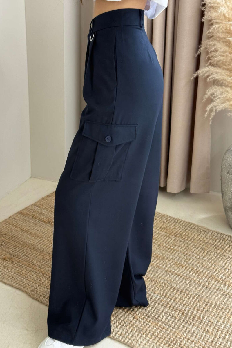 WIDE LEG SIDE POCKETS WOMEN TROUSERS DARK BLUE/BEE - 2