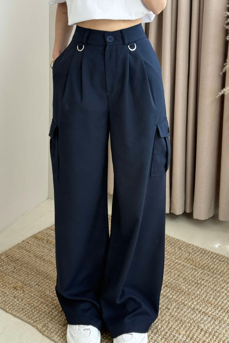 WIDE LEG SIDE POCKETS WOMEN TROUSERS DARK BLUE/BEE - 3