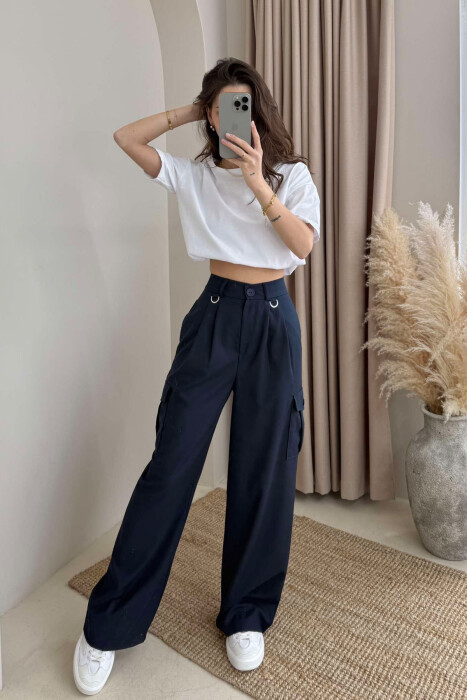 WIDE LEG SIDE POCKETS WOMEN TROUSERS DARK BLUE/BEE - 4