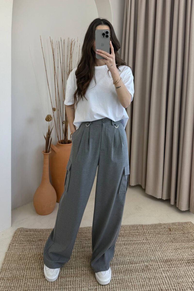 WIDE LEG SIDE POCKETS WOMEN TROUSERS GREY/GRI - 1
