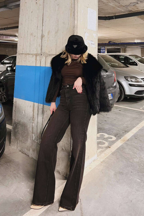 WIDE LEG SIMPLE DENIM WOMEN JEANS BROWN/KAFE - KLAUDIO FASHION