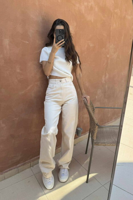 WIDE LEG SIMPLE WOMEN JEANS CREAM/KREM - KLAUDIO FASHION