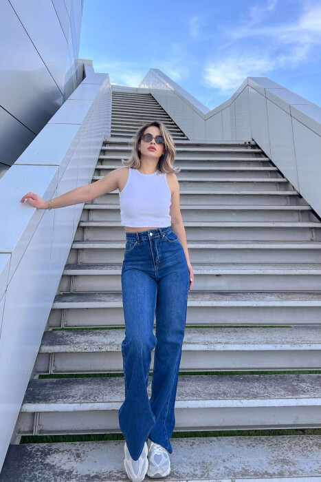 WIDE LEG SIMPLE WOMEN JEANS DARK BLUE/BEE 