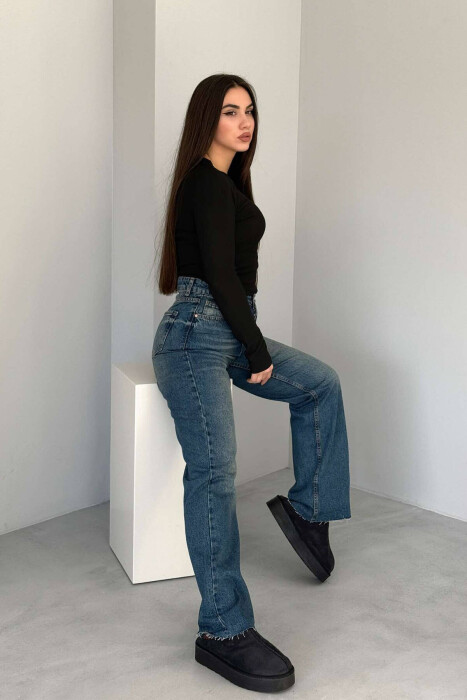 WIDE LEG SIMPLE WOMEN JEANS DARK BLUE/BEE - 3