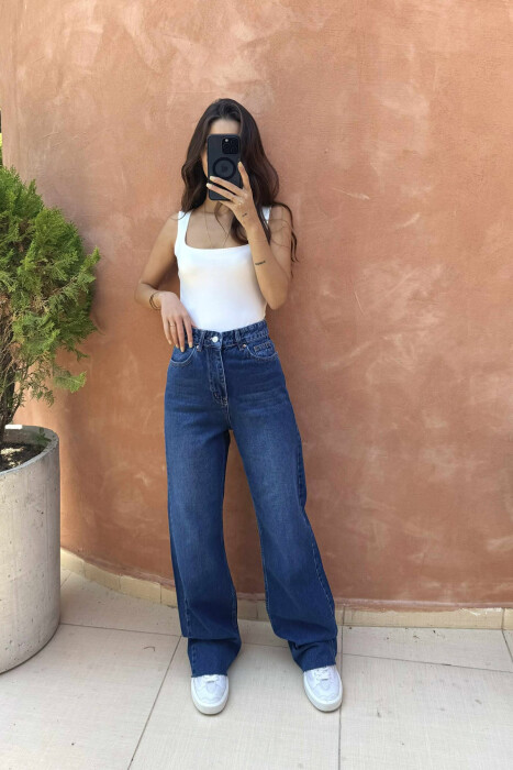 WIDE LEG SIMPLE WOMEN JEANS DARK BLUE/BEE - 2
