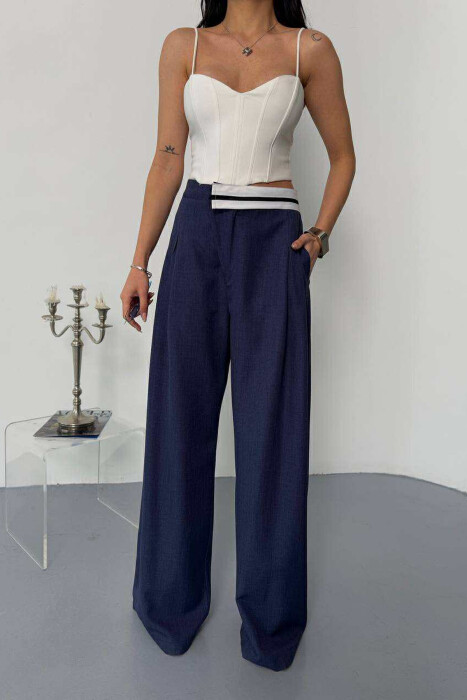 WIDE LEG SIMPLE WOMEN TROUSERS DARK BLUE/BEE - KLAUDIO FASHION
