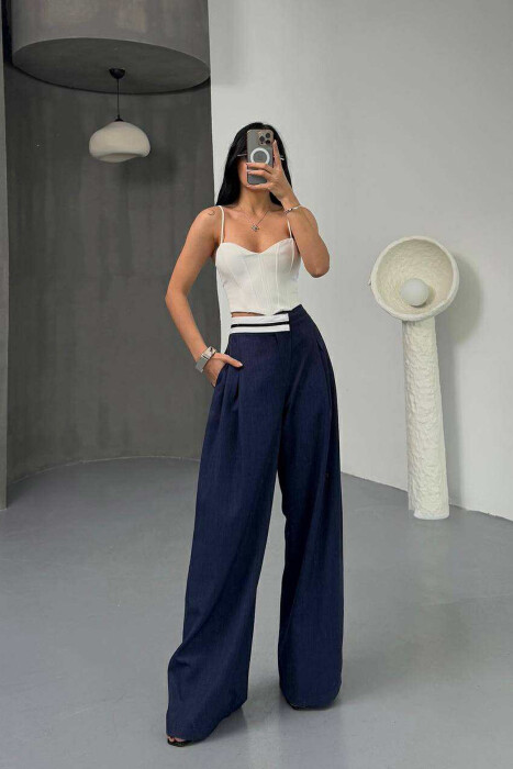 WIDE LEG SIMPLE WOMEN TROUSERS DARK BLUE/BEE - 2