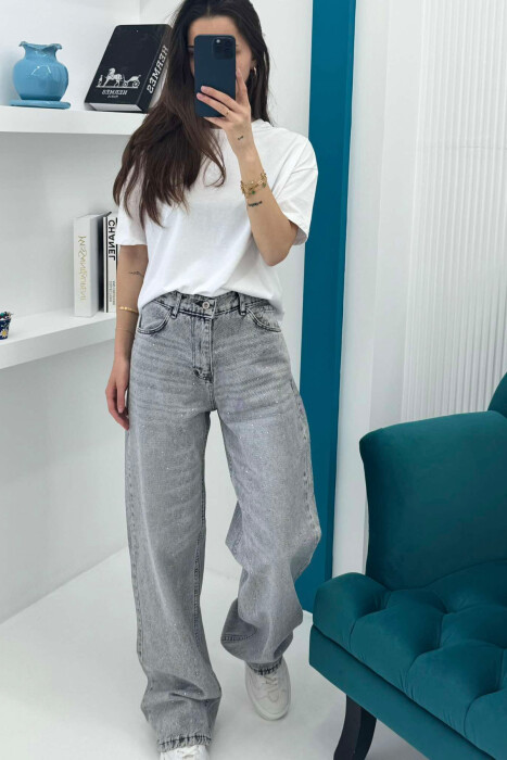 WIDE LEG SMALL DIAMOND DETAILS WOMEN JEANS LIGHT GREY/GZ 