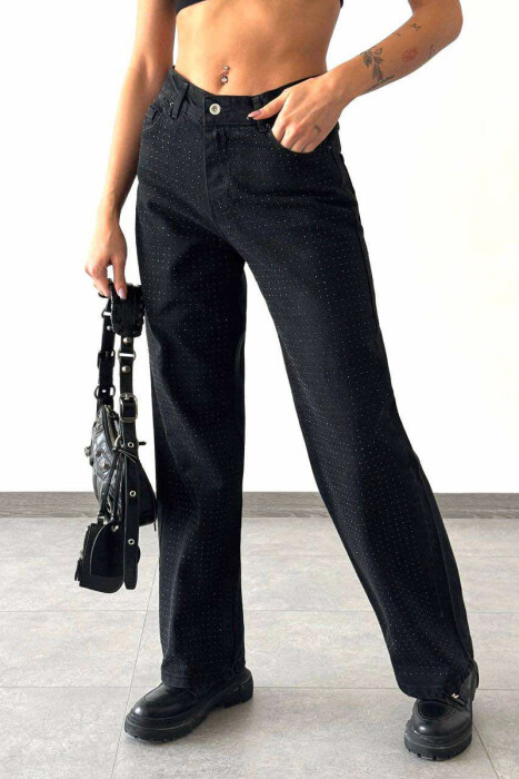 WIDE LEG SMALL DIAMONDS DETAILS WOMEN JEANS IN BLACK COLOR - 2