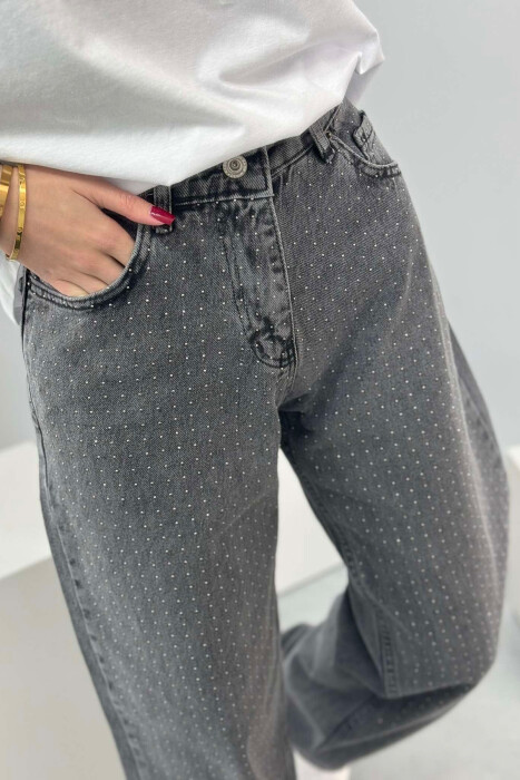 WIDE LEG SMALL DIAMONDS DETAILS WOMEN JEANS IN GREY COLOR - 2