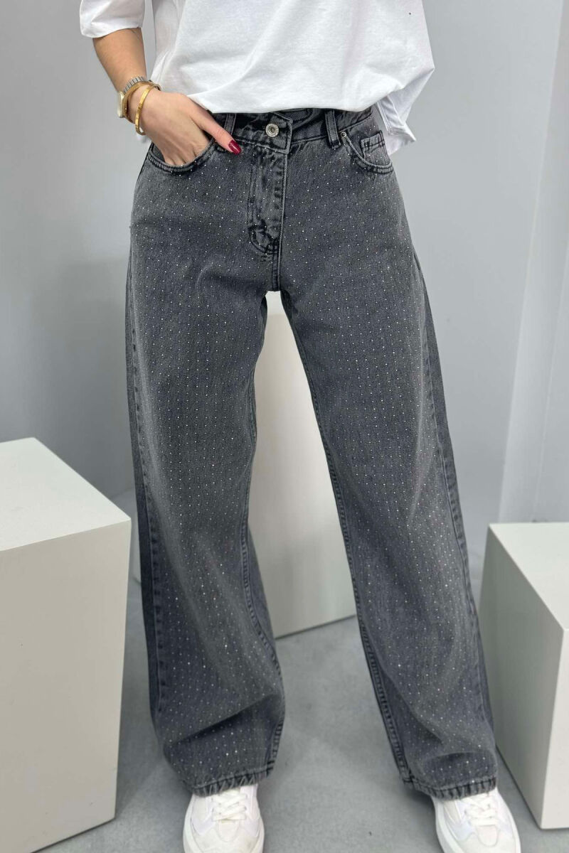 WIDE LEG SMALL DIAMONDS DETAILS WOMEN JEANS IN GREY COLOR - 3