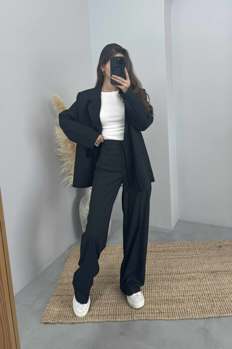 WIDE LEG STRIPED WOMEN TROUSERS BLACK/ E ZEZE - 1