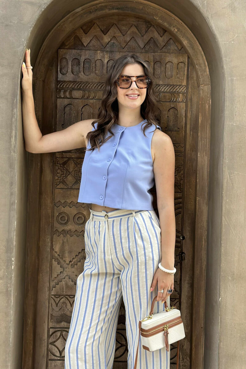 WIDE LEG STRIPED WOMEN TROUSERS CREAM/KREM - 5
