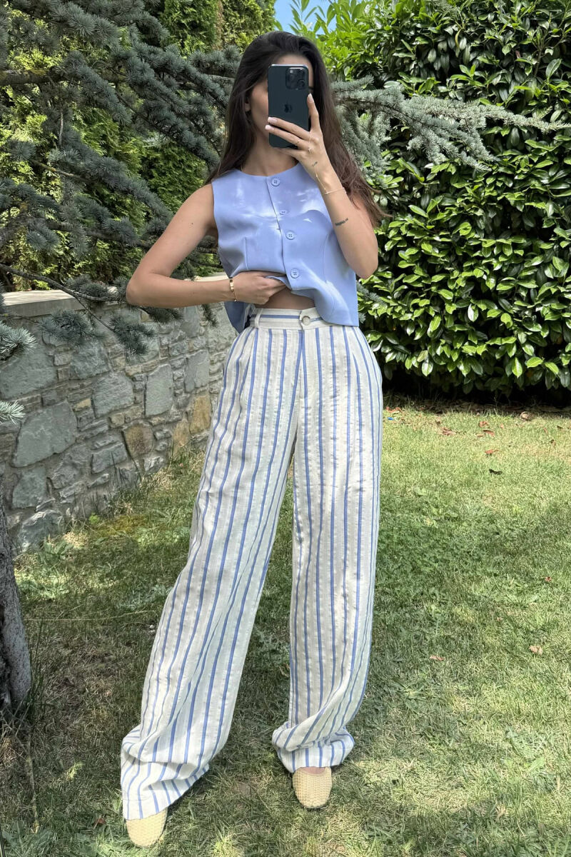WIDE LEG STRIPED WOMEN TROUSERS CREAM/KREM - 1