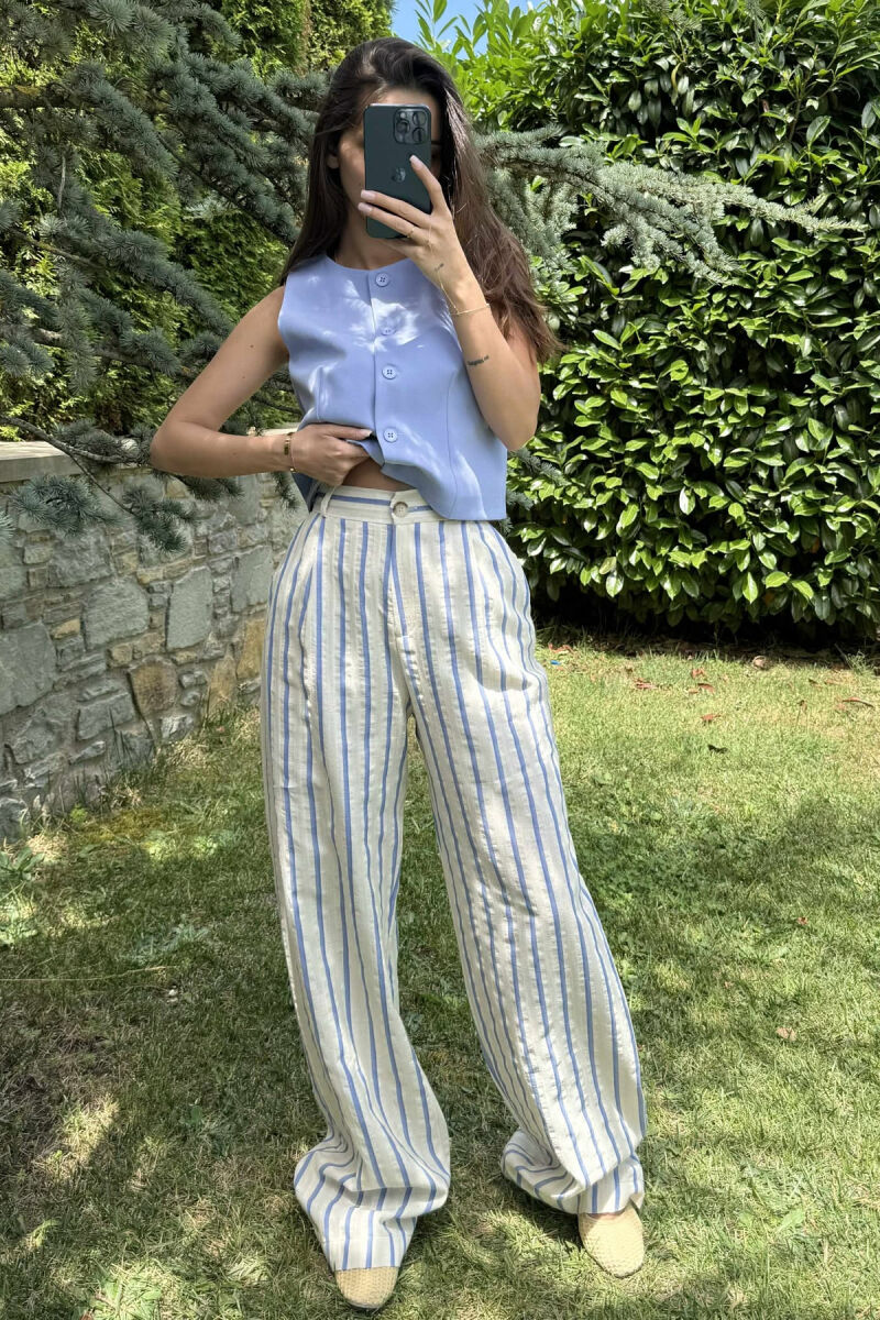 WIDE LEG STRIPED WOMEN TROUSERS CREAM/KREM - 4