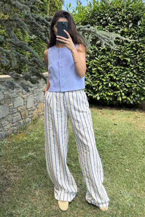 WIDE LEG STRIPED WOMEN TROUSERS CREAM/KREM - 2