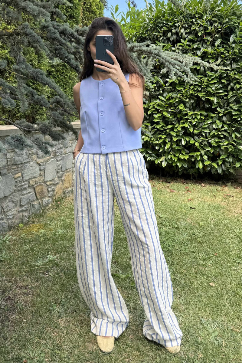 WIDE LEG STRIPED WOMEN TROUSERS CREAM/KREM - 2