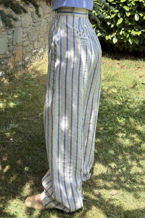 WIDE LEG STRIPED WOMEN TROUSERS CREAM/KREM - 7