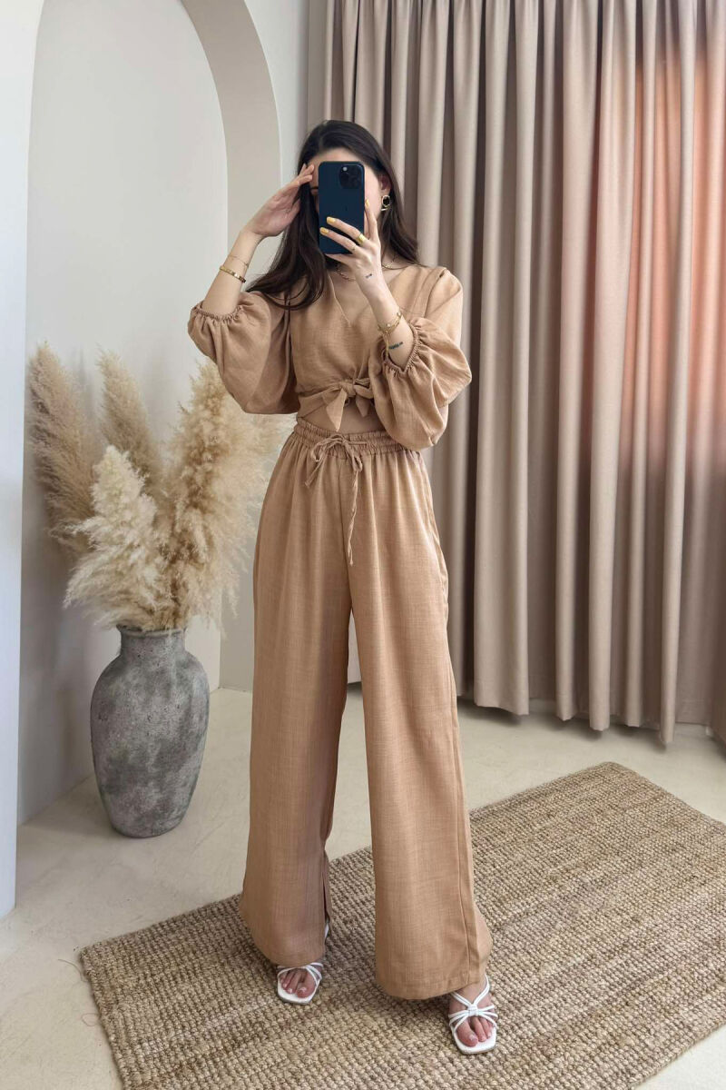 WIDE LEG TROUSERS+CROP LACING DETAIL WOMEN SET BEIGE/BEZHE - 1