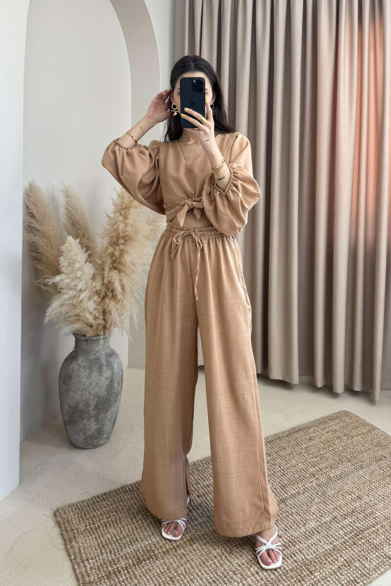 WIDE LEG TROUSERS+CROP LACING DETAIL WOMEN SET BEIGE/BEZHE - 2