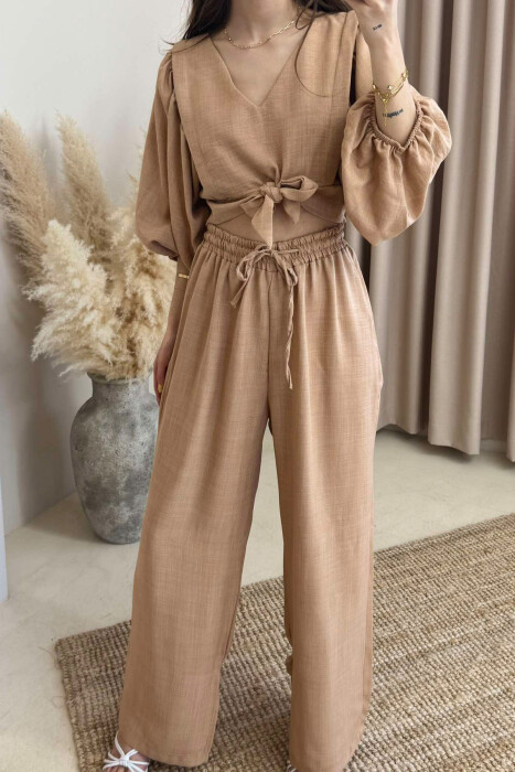 WIDE LEG TROUSERS+CROP LACING DETAIL WOMEN SET BEIGE/BEZHE - 3