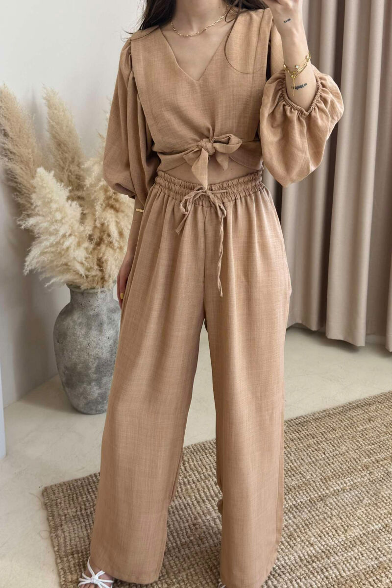 WIDE LEG TROUSERS+CROP LACING DETAIL WOMEN SET BEIGE/BEZHE - 3