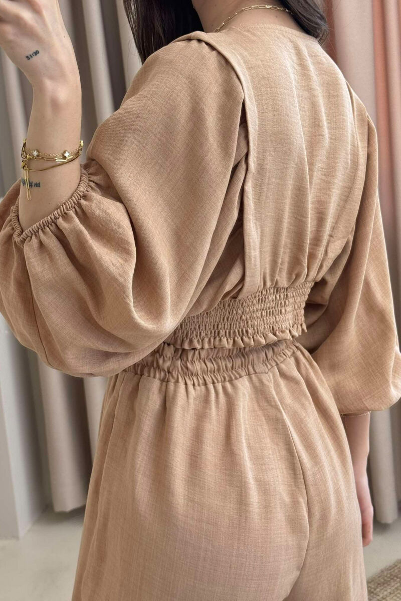 WIDE LEG TROUSERS+CROP LACING DETAIL WOMEN SET BEIGE/BEZHE - 4