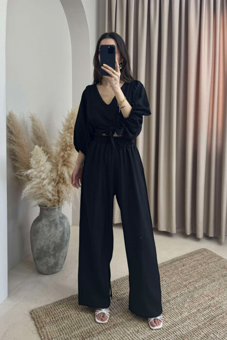 WIDE LEG TROUSERS+CROP LACING DETAIL WOMEN SET BLACK/ E ZEZE 