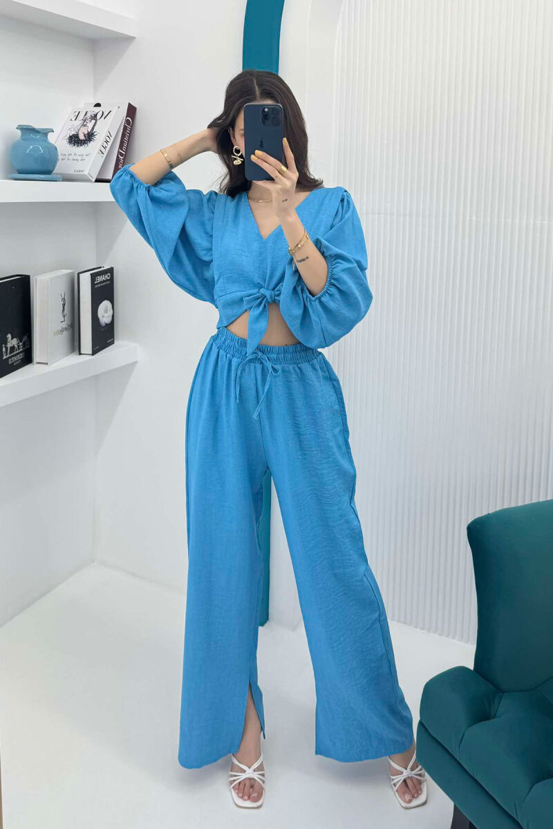 WIDE LEG TROUSERS+CROP LACING DETAIL WOMEN SET BLUE/BLU - 1