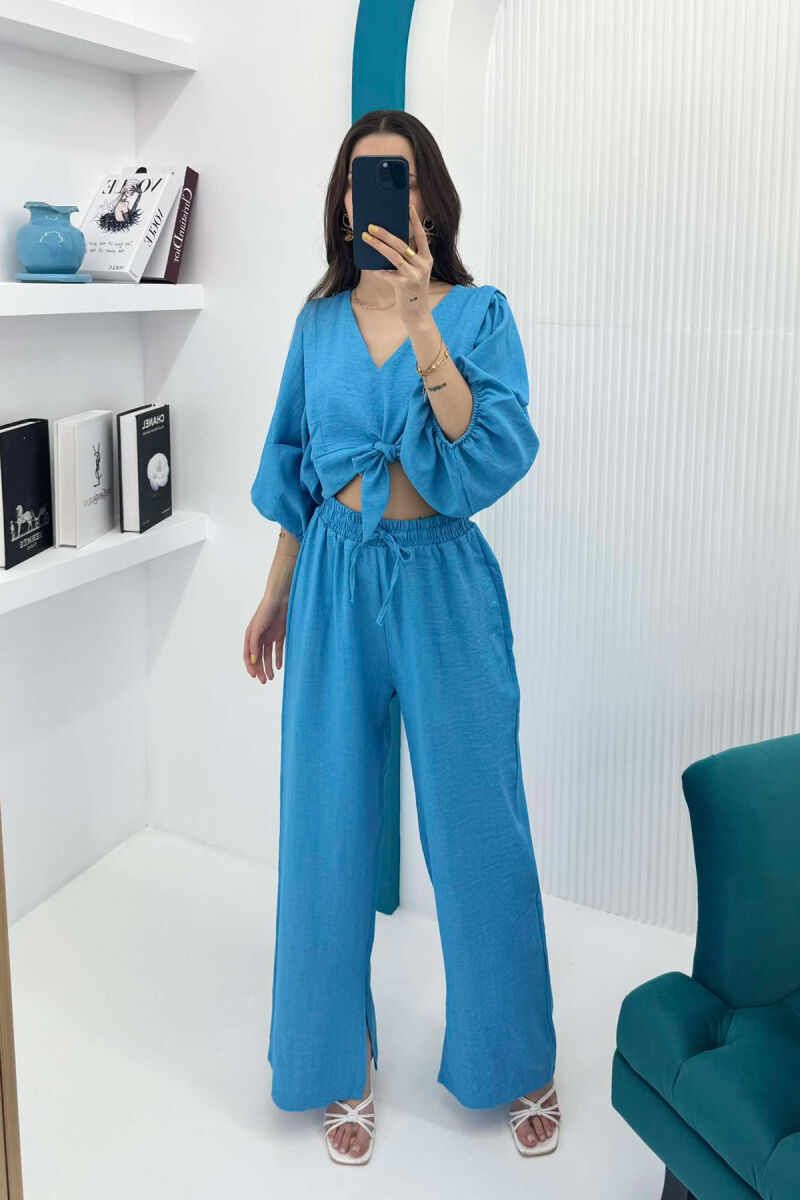 WIDE LEG TROUSERS+CROP LACING DETAIL WOMEN SET BLUE/BLU - 2