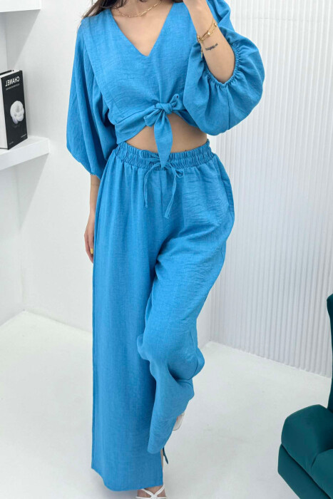 WIDE LEG TROUSERS+CROP LACING DETAIL WOMEN SET BLUE/BLU - 3
