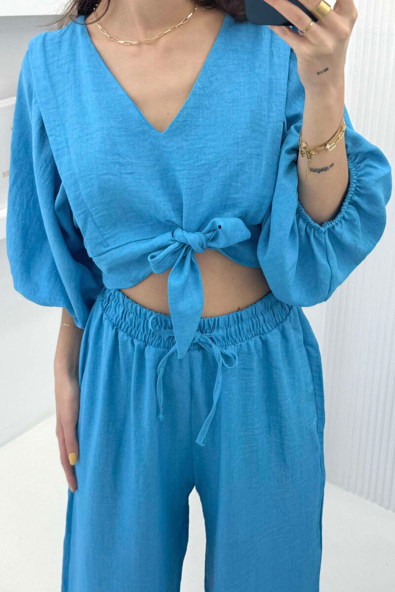 WIDE LEG TROUSERS+CROP LACING DETAIL WOMEN SET BLUE/BLU - 4