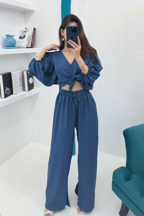 WIDE LEG TROUSERS+CROP LACING DETAIL WOMEN SET DARK BLUE/BEE 