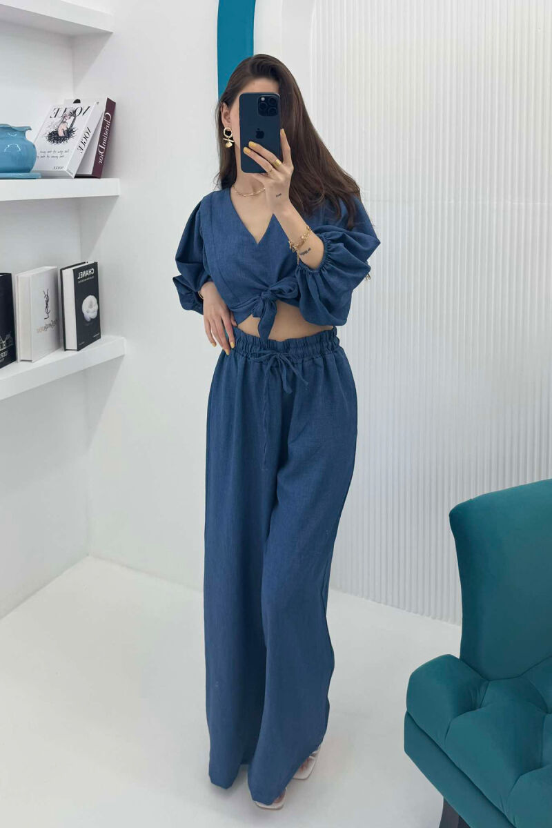 WIDE LEG TROUSERS+CROP LACING DETAIL WOMEN SET DARK BLUE/BEE - 2