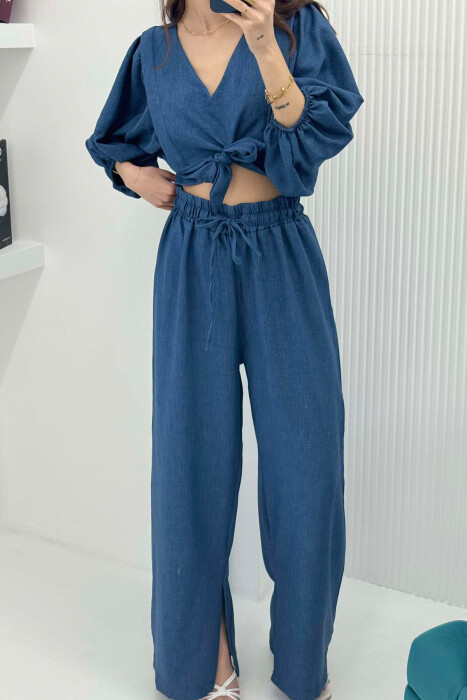 WIDE LEG TROUSERS+CROP LACING DETAIL WOMEN SET DARK BLUE/BEE - 3