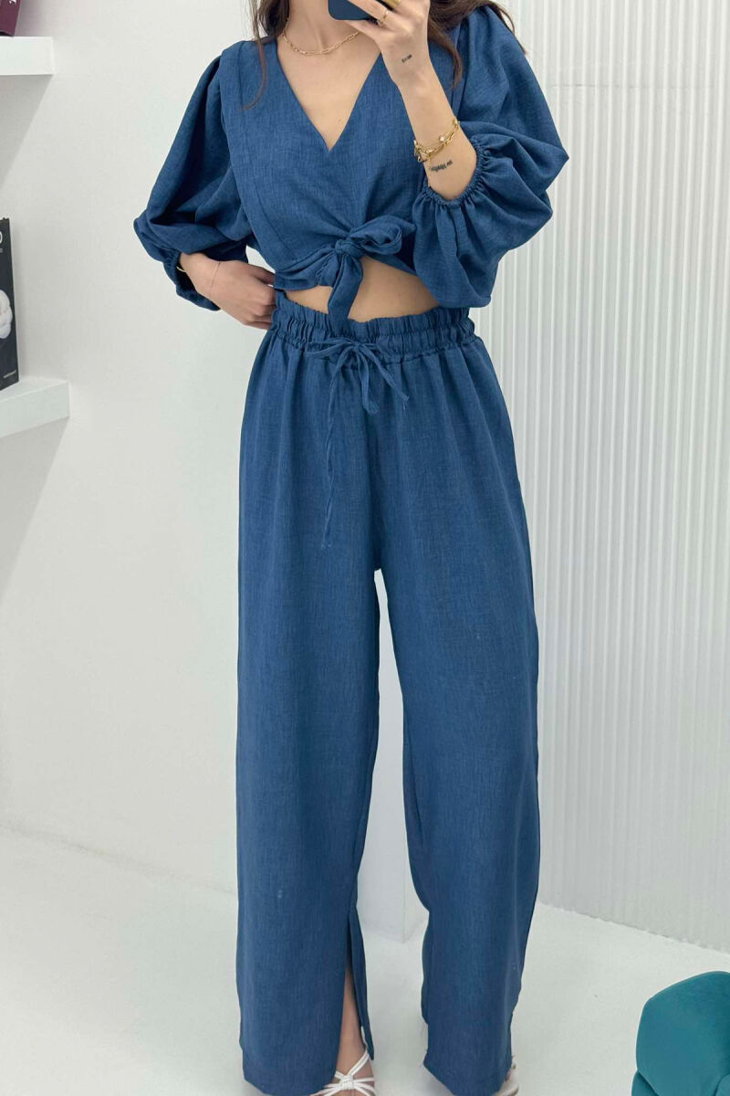 WIDE LEG TROUSERS+CROP LACING DETAIL WOMEN SET DARK BLUE/BEE - 3