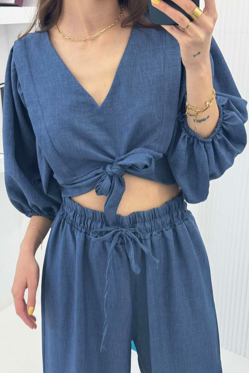 WIDE LEG TROUSERS+CROP LACING DETAIL WOMEN SET DARK BLUE/BEE - 4