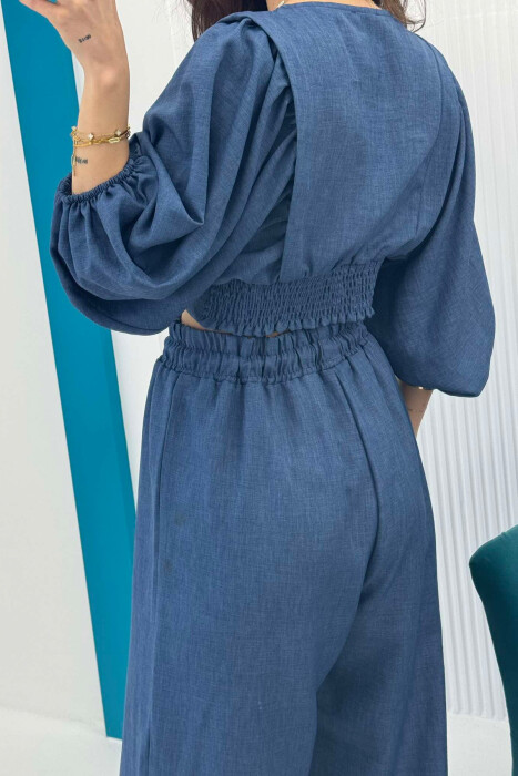 WIDE LEG TROUSERS+CROP LACING DETAIL WOMEN SET DARK BLUE/BEE - 5