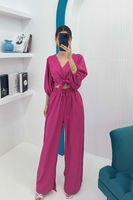 WIDE LEG TROUSERS+CROP LACING DETAIL WOMEN SET FUCHSIA/CIKLAMI 