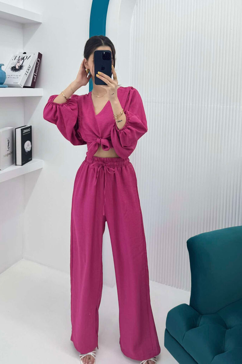 WIDE LEG TROUSERS+CROP LACING DETAIL WOMEN SET FUCHSIA/CIKLAMI - 2