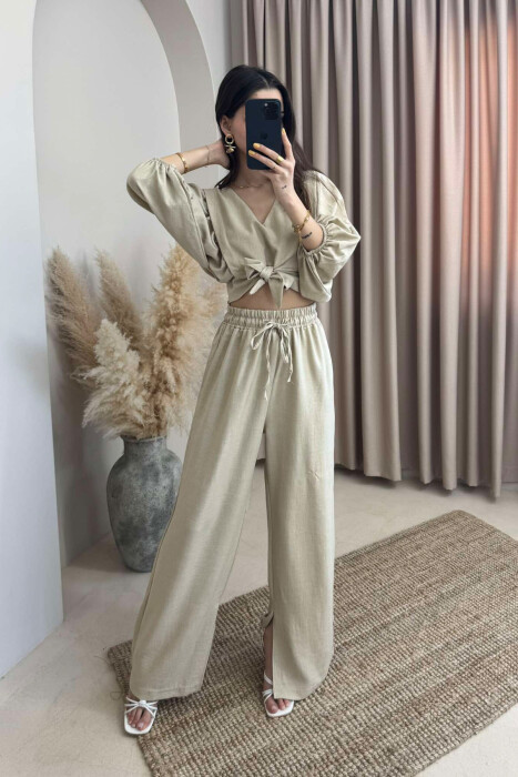 WIDE LEG TROUSERS+CROP LACING DETAIL WOMEN SET LIGHT BEIGE/BZHZB - 1