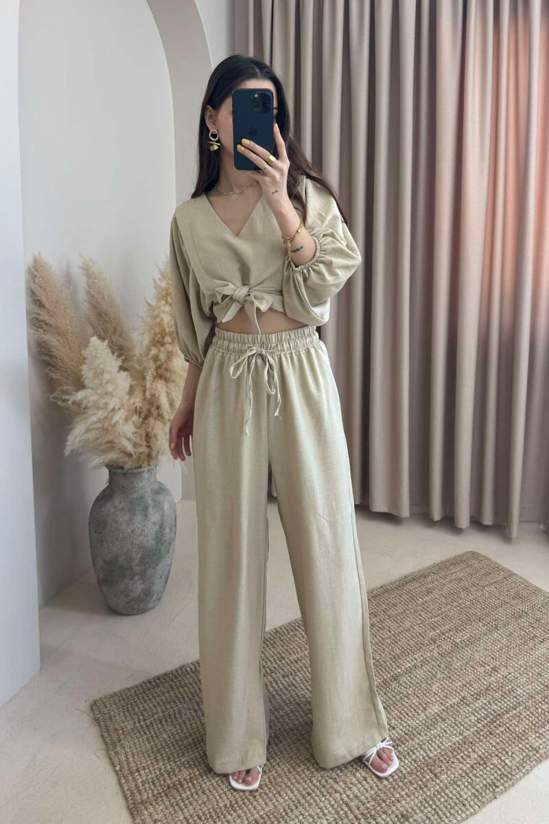 WIDE LEG TROUSERS+CROP LACING DETAIL WOMEN SET LIGHT BEIGE/BZHZB - 2