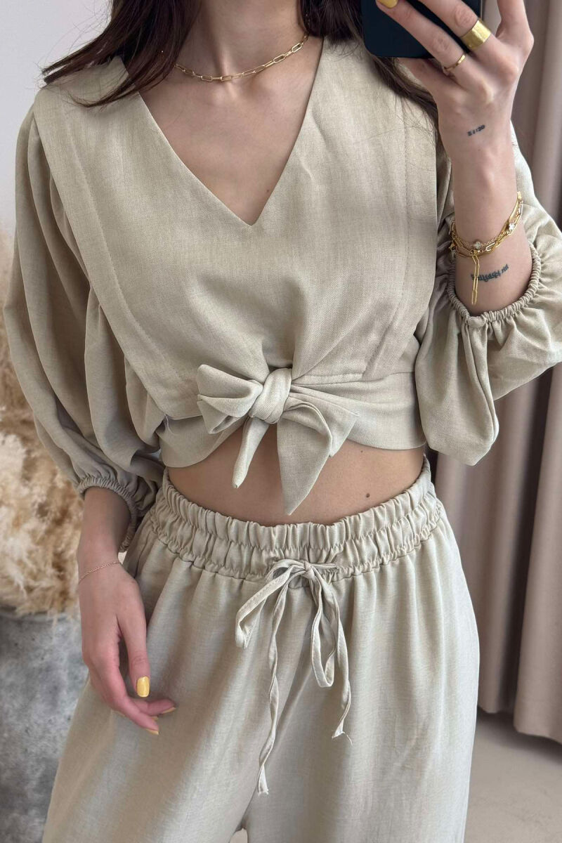 WIDE LEG TROUSERS+CROP LACING DETAIL WOMEN SET LIGHT BEIGE/BZHZB - 3