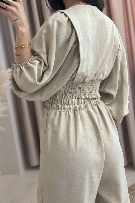 WIDE LEG TROUSERS+CROP LACING DETAIL WOMEN SET LIGHT BEIGE/BZHZB - 4