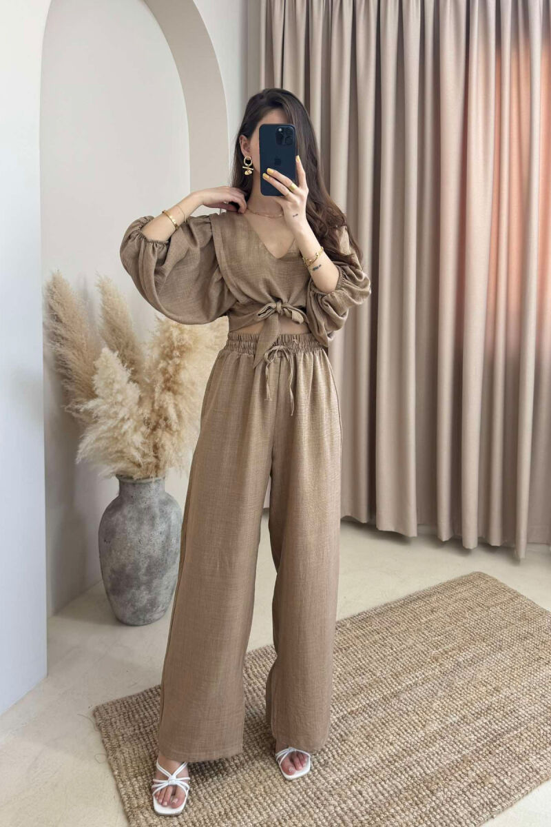 WIDE LEG TROUSERS+CROP LACING DETAIL WOMEN SET LIGHT BROWN/KAZB - 1